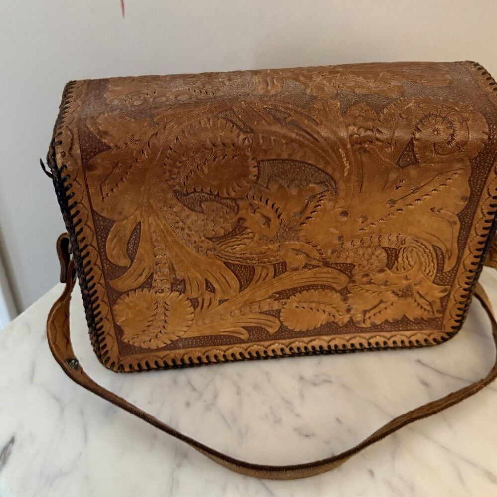 Vintage Hand Tooled Leather Handbag Brown Floral 9x6x3 - Picture 2 of 8